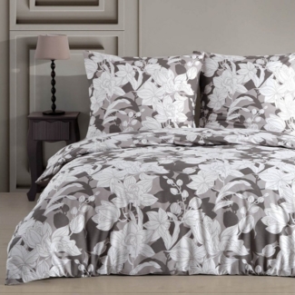 Buymax Bettwäsche Clisse, Renforce: 100% Baumwolle, 3 teilig, 200x200 cm, mit Reißverschluss, Blumen, Orchidee, Grau, Weiß