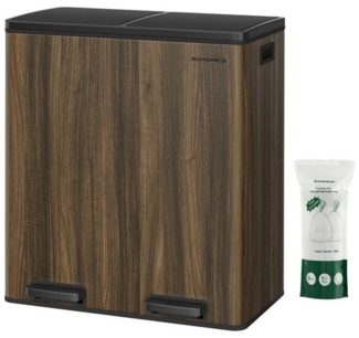 SONGMICS Mülleimer, 2x30 Liter, 2 Fächer, Mülltrennsystem, Treteimer, Abfalleimer Küche, 15 Müllsäcke, Metall, Inneneimer aus Kunststoff, Klappdeckel, Softclose, dunkelwalnussfarben