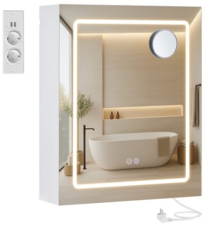 VASAGLE Wandschrank mit Spiegel und LED-Beleuchtung, Badschrank mit Steckdosenleiste, Entfogging-Funktion, Vergrößerungsspiegel, weiß BBKDE133W01