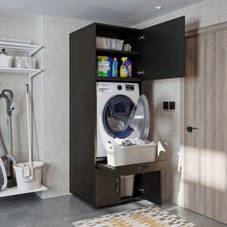 Roomart Waschmaschinenschrank mit Schrankaufsatz 95cm, HBT: 240 x 67 x 66,8 cm, Schublade & Ausziehbrett, Eiche, Schwarz eiche