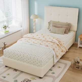 Kinder Polsterbett 90x200 cm Beige mit keksförmigem Kopfteil, Einzelbett mit gepolsterter Rückenlehne fürs Kinderzimmer