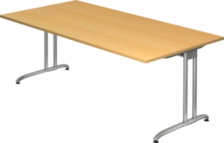 bümö Schreibtisch groß, Serie 200x100 cm, Tischplatte aus Holz in Buche, Gestell aus Metall in Silber - PC Tisch, großer Computertisch für's Büro, Office Bürotisch, BS-2E-6