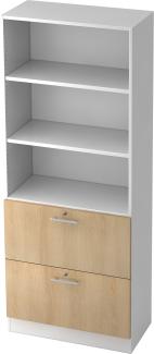 bümö office Aktenschrank mit Hängeregister-Schubladen abschließbar, Büroschrank Holz, 80cm breit in Weiß/Eiche - Hängeregistratur für Hängeordner, Büro Schrank mit Relinggriffen, 7300-W-E-RE