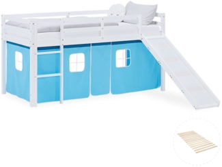 Hochbett Kinder 90x200 cm mit Lattenrost Rutsche Kinderbett Stockbett Vorhang Blau Leiter Holz Massiv
