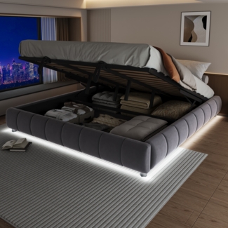 Merax Polsterbett Doppelbett 180 x 200 cm, ohne Kopfteil, mit LED-Lichtleiste (einfarbig), Hydraulischer Schwebebettrahmen mit Stauraum, Grau