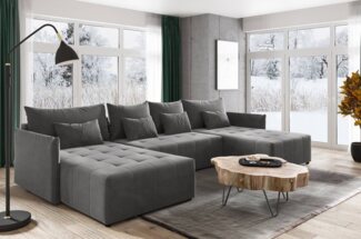 Wohnlandschaft Leno U mit Schlaffunktion - U-Form Couch, Ecksofa mit Bettkasten, Couchgranitur mit Bettfunktion, Schlafsofa, Big Sofa - Velours Stoff (Dunkelgrau (Kronos 22))