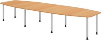 bümö Konferenztisch oval 400x130 cm großer Besprechungstisch in Buche, Besprechungstisch mit Gestell in Silber, Meetingtisch für 14 Personen, XXL-Tisch für Besprechungsraum & Meeting, KT40C-6-S