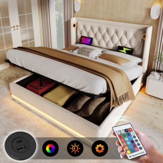 Polsterbett 160x200 cm Beige mit 3-seitiger LED-Beleuchtung, Wingback Kopfteil & USB Typ-C Ladefunktion,hydraulischer Stauraum