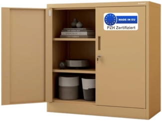 Aktenschrank abschließbar KADO - 3 Ebenen verstellbar, Flügeltüren | Metallschrank Werkstatt Mehrzweckschrank Büroschrank aus Stahl Werkzeugschrank, 93x90x40cm Beige