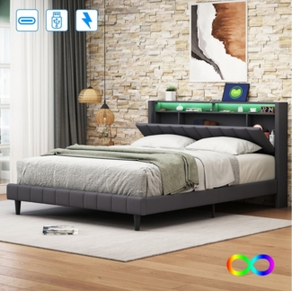 Furnishings Home Polsterbett Stauraumbett Doppelbett mit LED + Ladefunktion (2 Steckdosen +2 USB - Anschlüsse, Federbelastetes Kopfteil), Mit LED-Beleuchtung, Lattenrost, Leinen, 160x200 cm