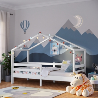 Bellabino 'Abia' Hausbett 90x200 cm, weiß, Kiefer Massivholz, Montessori Kinderbett mit Rausfallschutz und Lattenrost