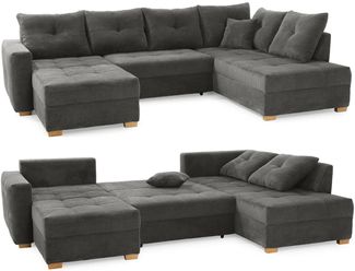 Wohnlandschaft U-Sofa groß Schlaffunktion Couch Bettkasten Cord Dunkelgrau