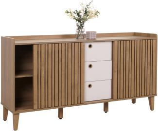 Sideboard HWC-M48, Kommode, Schiebetür Staufach, MDF 81x150x40cm ~ natur, Schubladen weiß