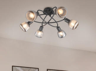 Große LED Deckenleuchte 6-flammig mit Glasschirmen Chrom bedampft, Ø 59cm