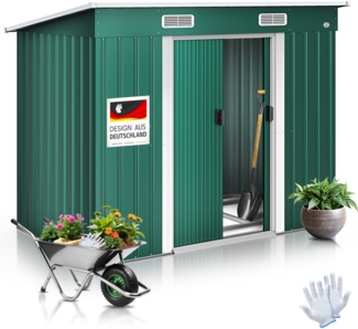 KESSER® - Gerätehaus L Metall 4 m³ mit Fundament | 210x122x186 cm | 2x Schiebetür & Fundament | Geräteschuppen | Gartenhaus Schrank | Pultdach Garten Schuppen | Inkl. Arbeitshandschuhe Grün