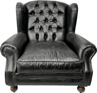 Casa Padrino Luxus Chesterfield Leder Ohrensessel Vintage Schwarz / Dunkelbraun - Chesterfield Echtleder Wohnzimmer Sessel - Wohnzimmer Möbel - Chesterfield Möbel - Echtleder Möbel - Luxus Möbel