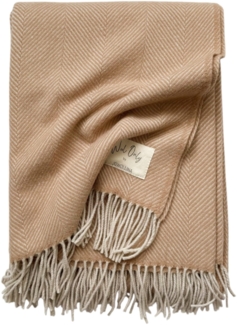 WoolOnly Wolldecke Plaid mit Fransen 130x180 cm, Herringbone Camel-natur