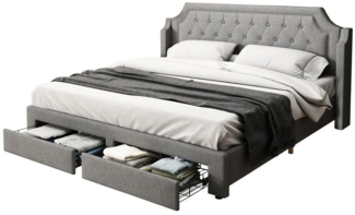 Flieks Polsterbett, LED Beleuchtung Doppelbett 2 Schubladen 180x200cm Leinen