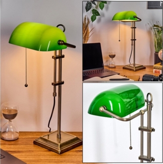 hofstein Tischleuchte Tischlampe aus Metall/Glas in Altmessing/Grün/Weiß, ohne Leuchtmittel, Bankerlampe, Schreibtischlampe mit Zugschnur, 1 x E27