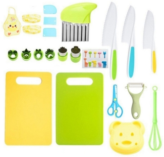 RWEUOQ Kinderkochmesser 32-teiliges Kinderküchenmessern Kinder-Küchenmesser-Set, zum Schneiden und Kochen, mit Gemüse Ausstechformen, Holzmesser