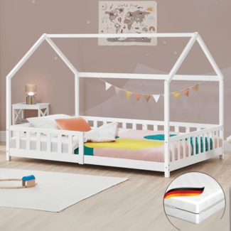 DELUKE® Kinderbett 90x200 OKLA - mit Matratze Lattenrost Rausfallschutz Haus-OptikEinzelbett aus Holz Hausbett Kinderzimmer Montessori Bett Weiß