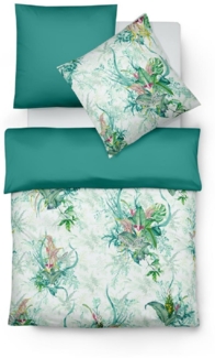 Fleuresse Mako-Satin Bettwäsche 155x220 Tropic Blätter petrol Wende 114065-5