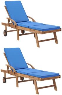 vidaXL Sonnenliegen mit Auflagen 2 Stk. Massivholz Teak Blau 3054636