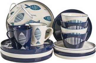 16-teiliges Tafelservice TAMARIND Porzellan Weiß Blau
