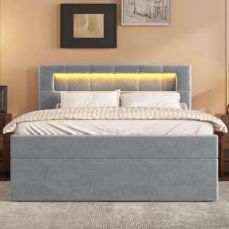 Polsterbett mit LED-Beleuchtung und Stauraum, (90x200 cm), gepolsterter Kopfteil höhenverstellbar, Stauraumbett, Samt