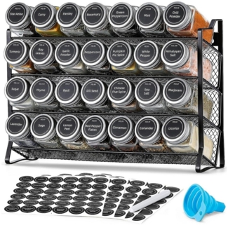 NUODWELL Gewürzregal 4-Etage Gewürzständer, Gewürzregal Wand oder stehend, Gewürz Organizer, mit 28 Gläsern,180 Etiketten,1 Trichter,1 Stift