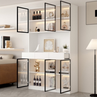 STILVORA Vitrine 2m Highboard Sideboard mit LED-leuchten und Glastüren,Beistellschrank (Aufbewahrungsregale, Bücherregal Vitrine, Display Regal, 1-St, 1 Vitrine, 6 Türen, 3 Schublade, 1 offene Fächer) mit Glastüren, LED-Beleuchtung 16 Lichtfarben