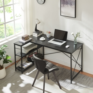 Schreibtisch Raundsvalt mit 1 Regal L-förmig 137x88x75 cm Schwarz [en. casa]