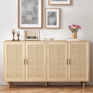 Celya Sideboard 158CM Sideboard Schlafzimmer, Rattanschrank, Aufbewahrungsschrank (Einfache Montage, Natürlich), Eleganter und funktioneller 4-türiger Rattan Schrank für Schlafzimmer