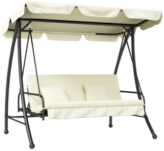 Outsunny Hollywoodschaukel 2 in 1 mi Liegefunktion, verstellbarem Sonnendach, belastbar bis 240kg, 3-Sitzer, Bettfunktion, 3-Sitzer Gartenschaukel, 1 tlg, Schaukelbank, für Garten, Terrasse, 200x125x170 cm, Cremeweiß
