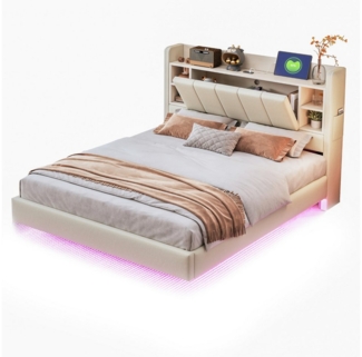 OKWISH Polsterbett Funktionsbett,Stauraumbett,Doppelbett,Gästebett,Jugendbett (Polsterbett, mit Wendbarem Kopfteil, USB-Anschluss & LED-Lichtleiste, Stauraum, Beige, Stabiler Metallrahmen für Schlafzimmer & Jugendzimmer, Polsterbett 140x200 cm)