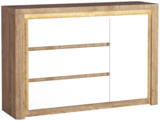 Kommode Livinio Sideboard 144x40,5x97,5cm Ribbeck Eiche weiß Hochglanz inkl. LED