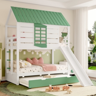 Merax Etagenbett 90x200 cm mit Ausziehbett, Kinderbett Hausbett mit Rutsche, Hochbett mit Dach und Fenstern, Stockbett mit Rausfallschutz, Weiß+Grün