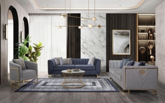 Sitzgruppe/Sofa Set - Wohnzimmergarnitur "Ismene" 3+3+1+1-Dunkelblau/Grau