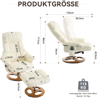 Relaxsessel Fernsehsessel, mit Massage und Wärmefunktion, Liegefunktion, inkl. Hocker, 360° drehbar, PU-Stoff, weiß