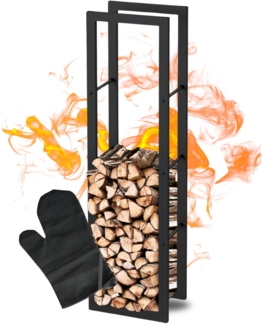 DELUKE® Kaminholzregal innen Metall KEOP | Schwarz | 40x25x150cm | Brennholzregal Inkl. Ofenhandschuh | Feuerholzregal Kaminholzhalter Holzständer Holzhalter Holzlager