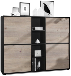 Vladon Highboard Cuba V3, Schwarz matt/Eiche Nordic - Moderne Anrichte mit 12 Fächern (130,5 x 105,5 x 35,5 cm)