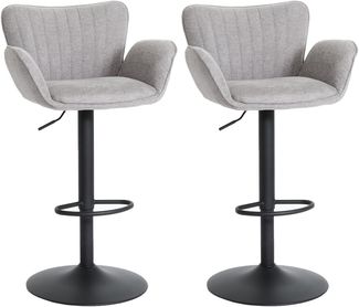 2er-Set Barhocker HWC-M67, Barstuhl, mit Armlehne Fußablage drehbar Stoff/Textil Eisen FSC® ~ hellgrau Fuß schwarz