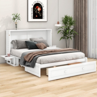 TavilaEcon Schrankbett mit Schubladen am Bettende und kleinem Regal an der Seite des Bettes aus hochwertigem Kiefernholz und MDF, 140×200cm, weiß
