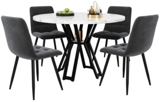 HAUSS SPOLE Essgruppe Esstisch-Set mit 4 Stühlen, schwarze Beine, weiß Tischplatte, (Stilvolles 5-teiliges Esstisch-Set, 100 cm runder Tisch mit schwarzem Metallrahmen und weiß marmorierter Tischplatte, 5-tlg)