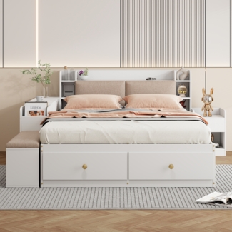 Massivholz Kombibett 140x200 cm Weiß mit Sideboard Sofabank Nachttisch Komplettset Doppelbett mit Stauraum Schubladen Kopfteil Kiefernholz Möbelset Schlafzimmer Set Bettgruppe Wohnzimmer
