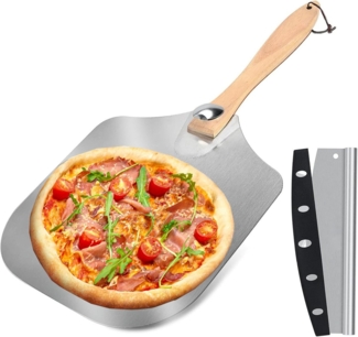 Refined Living Pizzastein Pizzaschieber 2er Set mit Pizzaschneider & pizzaschaufel, Pizzazubehör, Schaufel: Aluminium Griff: Holz (abnehmbar, klappbar) Schneider: Edelstahl, (2er Set, mit Abnehmbarem Holzgriff, 35,5x30,5 cm Pizzaschaufel, 2-St, Ergo...