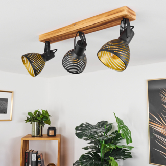 »Gravellona«, Deckenlampe aus Holz/Metall in Natur/Schwarz/Goldfarben, verstellbare Strahler in Gitter-Optik, Retro/Vintage Design m. Lichteffekt, 3-flammig, 3 x E27 max. 40 Watt
