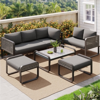 HAUSS SPOLE Sofa Ecksofa mit verzinktem Eisengestell, verstellbare Beine, Kissen, grau, Luxuriöses Rattan Gartenmöbel-Set für 6-7 Personen, Modernes Ecksofa mit verstellbaren Füßen, Zinkbeschichteter Eisenrahmen, Inklusive Kissen & Tisch, mit Relaxfunk...