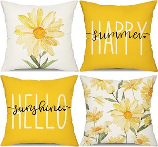 Sommer Kissenbezüge 45×45 cm 4er-Set Gelbe Gänseblümchen, “Hello Sunshine”, Outdoor Sofa Deko