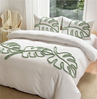 wohnTRAUM24 Bettwäsche Bettbezug Getuftetes 135X200cm,200x200cm Stickerei Grüne Blätter Boho, Weiches Bettwäsche Set mit Reißverschluss und Kissenbezüge 80x80cm